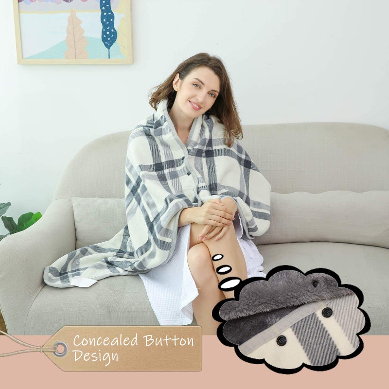XING YE CHUAN Fleece Wearable Blanket, Comfy Poncho Throw with Buttons, Plush Sleeveless Blankets, for Women Cape Wrap Cover for Lightweight Microfiber Plaid Design (White) - Image 2